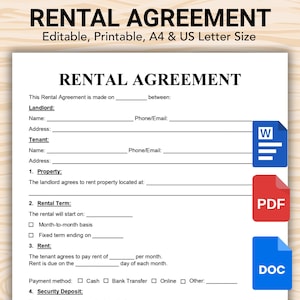 Può includere: Un documento di contratto di affitto stampabile con il titolo "RENTAL AGREEMENT". Il documento include campi per le informazioni del locatore e dell'inquilino, i dettagli della proprietà, i termini di affitto, l'importo dell'affitto e i metodi di pagamento. Le icone di Word, PDF e DOC sono a destra.