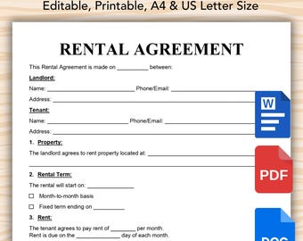Plantilla de contrato de alquiler editable. Contrato de arrendamiento imprimible de una sola página. Formulario de contrato de alquiler rellenable. Contrato de alquiler para propietarios.