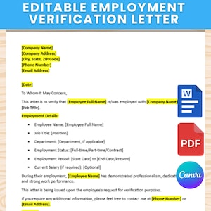 Puede incluir: Un documento blanco titulado "EDITABLE EMPLOYMENT VERIFICATION LETTER" con campos rellenables para detalles de la empresa y del empleado. Incluye iconos de Word, PDF y Canva. El documento es para la verificación del empleo.