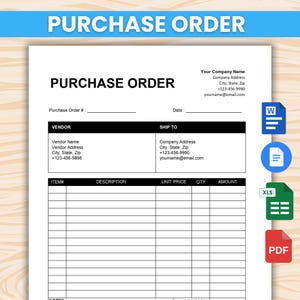 May include: A white purchase order template with the words "PURCHASE ORDER" in large, bold, blue text at the top and the title repeated in black. The form includes sections for vendor and ship-to information, item descriptions, and a notes section. Icons for Word, Excel, and PDF files are on the right.