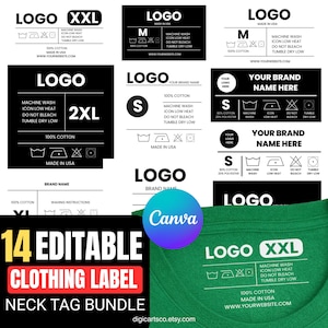 May include: A collection of black and white clothing labels with various sizes (S, M, 2XL, XXL) and care instructions. The labels include the text "LOGO", "100% COTTON", and "MADE IN USA". A green t-shirt with a white label is also visible.