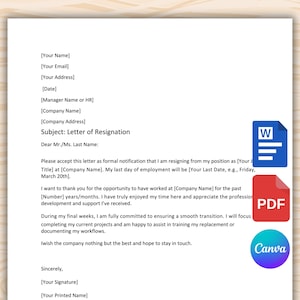 Puede incluir: Una plantilla de carta de renuncia con espacios para información personal y de la empresa. El documento incluye el asunto "Carta de Renuncia" y está acompañado de iconos para Word, PDF y Canva.