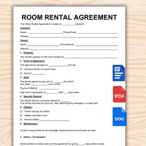 May include: A printed room rental agreement form with fill-in-the-blank sections for landlord and tenant information, property details, and terms. Includes icons for Word, PDF, and DOC formats.
