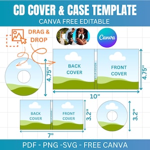 May include: A CD cover and case template with the text "CD COVER & CASE TEMPLATE" and "CANVA FREE EDITABLE". The design includes a CD, a case, and a diagram with measurements in inches (converted to cm). The template is available in PDF, PNG, and SVG formats.