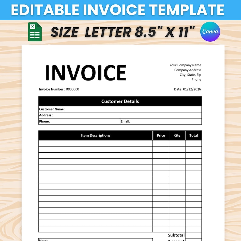 Editable Invoice Template for Small Business, Minimalist Canva Template ...