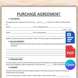May include: A purchase agreement template titled "PURCHASE AGREEMENT". The document includes sections for parties, sale of property, purchase price, and payment methods. Icons for Word, PDF, and Canva are in the lower right corner.