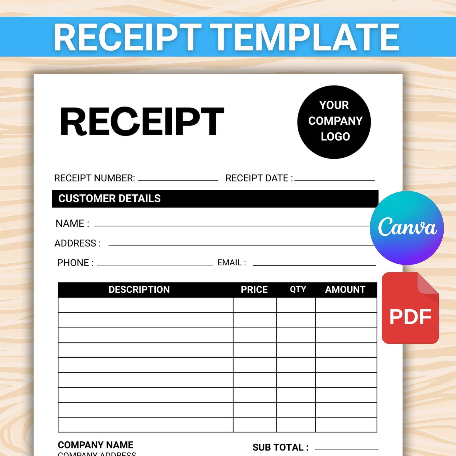 Editable Receipt Template. Small Business Digital Receipt. Sale Receipt ...