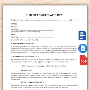 May include: A printed "Durable Power of Attorney" document with sections for principal and agent details, and powers granted. Includes icons for Word, a list, and PDF. The document is designed for legal use.