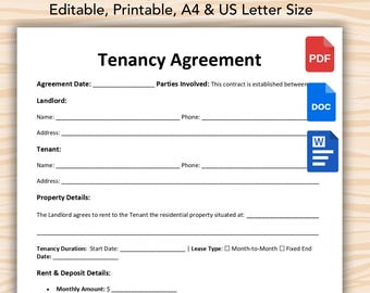 Editable Tenancy Agreement Template. Printable Tenancy Agreement Rental Contract. Rental Form Template. Tenancy Contract Digital Download