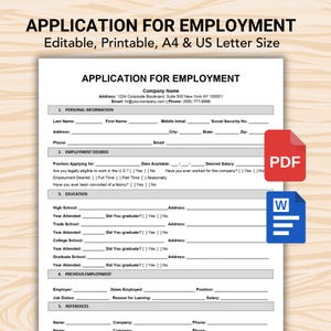 Pode incluir: Um formulário de candidatura a emprego editável e imprimível nos tamanhos A4 e US Letter. O documento inclui seções para informações pessoais, emprego desejado, educação, emprego anterior e referências, com ícones de PDF e Word.