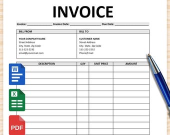 Rechnungsvorlage. Druckbare Rechnung. Rechnungsvordruck. Business Rechnung. Benutzerdefinierte Rechnung. Bearbeitbare Rechnung MS Word, Excel & PDF Digital Download