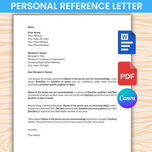 May include: A template for a personal reference letter, with placeholders for details. The document is on white paper with a blue header. Icons for Word, PDF, and Canva are visible. The text includes sections for the date, recipient, and recommender.