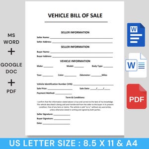 Puede incluir: Un modelo de contrato de compraventa de vehículos con campos para la información del vendedor y del comprador, detalles del vehículo y condiciones. Incluye formatos MS Word, Google Doc y PDF. Tamaño US Letter, 21,59 x 27,94 cm, y A4.