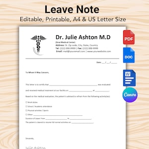May include: A printable medical leave note template featuring the text Dr. Julie Ashton M.D, Sinai Medical Center, and contact details. The document includes fields for patient evaluation, activity restrictions, and dates, with PDF, DOC, and Canva icons.