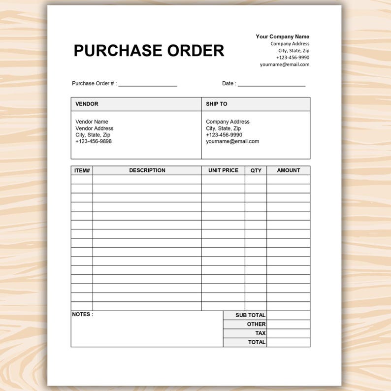 Purchase Order Form Template. Editable PO Form for Small Business ...