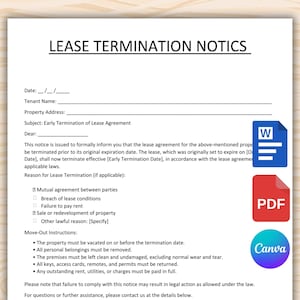 May include: A white document titled "LEASE TERMINATION NOTICS" with fillable fields for date, tenant name, and property address. Includes a Microsoft Word icon, a PDF icon, and a Canva icon.