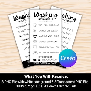May include: Three white cards with black text detailing washing instructions. The cards include symbols for turning items inside out, avoiding bleach, machine washing cold, and tumble drying on low. A Canva logo is visible.
