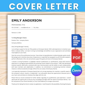 以下が含まれることがあります： 「EMILY ANDERSON」という名前が上部に記載されたカバーレターのテンプレート。連絡先情報、採用担当者の詳細、日付のプレースホルダーが含まれています。Word、PDF、Canvaのアイコンが右側に表示されています。