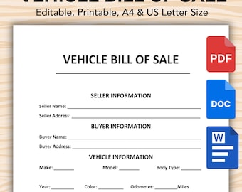 Editable Vehicle Bill of Sale. Printable Motor Vehicle Sale Contract. Printable Bill of Sale Form. Instant Download (Google Docs, Word, PDF)