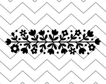 May include: A black floral design with various flower shapes and leaves, arranged horizontally. The floral element is set against a white background with a black zigzag pattern, creating a contrasting visual effect. The design is suitable for crafts and decorative purposes.