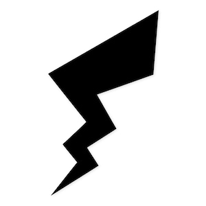 May include: A black lightning bolt graphic on a white background. The bolt is a stylized zig-zag shape, with sharp angles and a bold, solid fill. The design is simple and graphic.