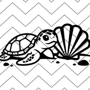 May include: Black and white illustration of a sea turtle next to a seashell. The turtle has a patterned shell and is lying on a surface with small pebbles. The background features a zigzag pattern.
