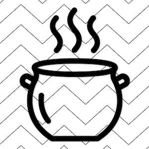 May include: A black and white illustration of a cooking pot with steam rising from it. The pot has two handles and is set against a zigzag pattern background. The image is a simple, graphic design.