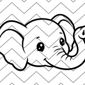 Può includere: Illustrazione in bianco e nero della testa di un elefante sorridente, con grandi orecchie e una proboscide. L'elefante è posto su uno sfondo a motivo chevron.