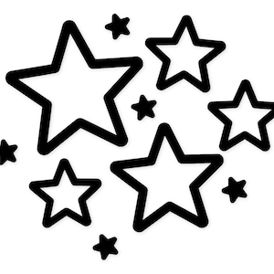 Può includere: Illustrazione in bianco e nero di diverse stelle di varie dimensioni. Le stelle hanno spessi contorni neri e sono disposte in un gruppo, con alcune sovrapposte. Sfondo bianco.