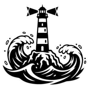 May include: Black and white illustration of a lighthouse on a rocky island, surrounded by stylized waves. The lighthouse has a striped tower and a light beam emanating from the top. The waves are depicted with curved lines and foam.