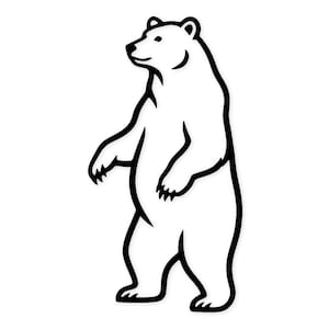 May include: A black and white illustration of a bear standing upright. The bear is white with black outlines, showcasing its form and features. The bear's claws and facial features are clearly defined.