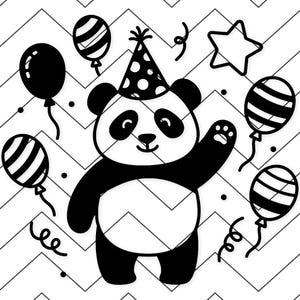 May include: Black and white illustration of a panda wearing a party hat, waving, and surrounded by balloons, confetti, and a star. The background features a white and gray chevron pattern. A festive design.