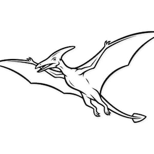 Peut inclure: Illustration en noir et blanc d'un Ptérodactyle en vol. Le reptile préhistorique est représenté avec des ailes déployées, une longue queue et une crête distinctive sur la tête. L'image est un dessin au trait sur fond blanc.