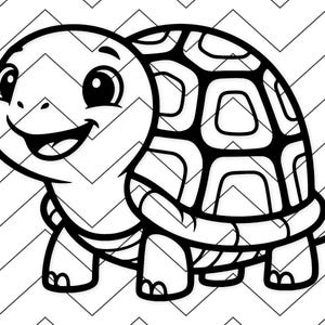 Peut inclure: Illustration de dessin animé en noir et blanc d'une tortue souriante. La tortue a une carapace à motifs et se détache sur un fond en chevrons. Le visage de la tortue a de grands yeux et une expression joyeuse.