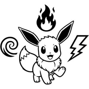 May include: Black and white cartoon illustration of a character with large ears and a fluffy tail, smiling. Symbols of fire, water, and electricity are positioned around the character.
