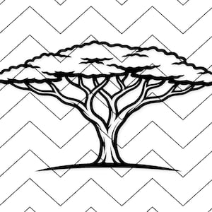 May include: Black and white illustration of an acacia tree with a wide, flat crown. The tree's branches and trunk are detailed against a zigzag patterned background. The image is a graphic design.