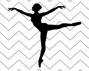 May include: A black silhouette of a ballerina in a graceful pose, with one leg extended and arms outstretched. The background features a white and black zigzag pattern, creating a dynamic contrast.