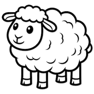 May include: A black and white cartoon illustration of a sheep. The sheep has a fluffy white body, a black outline, and a smiling face. The sheep is standing on four black legs.