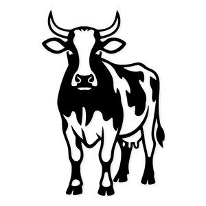 Puede incluir: Ilustración en blanco y negro de una vaca de pie. La vaca tiene la cara blanca y el cuerpo negro con manchas blancas. Tiene cuernos y está mirando hacia adelante.