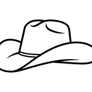 Könnte beinhalten: Schwarz-weiße Illustration eines Cowboyhuts. Der Hut hat eine breite Krempe und eine abgerundete Krone mit einem dünnen Band um die Basis. Der Hut ist schwarz umrandet, das Innere ist weiß gefüllt.