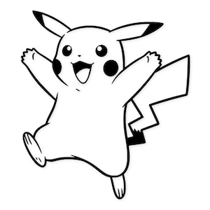 May include: A black and white illustration of Pikachu, a popular character from the Pokémon franchise. Pikachu is depicted with its arms outstretched and a joyful expression, with black accents on its ears, cheeks, and tail.