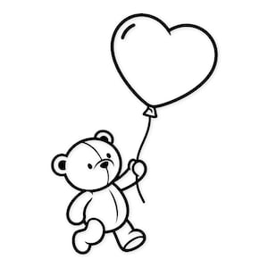 Könnte beinhalten: Eine schwarz-weiße Strichzeichnung eines Teddybären, der geht und einen herzförmigen Ballon an einer Schnur hält. Der Bär hat abgerundete Ohren, eine aufgestickte Nase und einen einfachen Körperumriss. Der Ballon ist groß und glatt.
