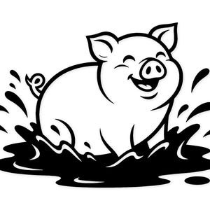 Op de afbeelding: Zwart-wit cartoon illustratie van een lachend varken dat in de modder spettert. Het varken heeft een krulstaart en is omringd door spatten van donkere vloeistof. De afbeelding is een eenvoudig, strak ontwerp.