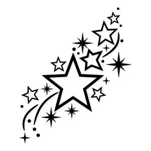 Puede incluir: Diseño de estrellas en blanco y negro. El diseño presenta un grupo de estrellas de varios tamaños, algunas delineadas y otras sólidas. Las estrellas están dispuestas en un patrón fluido y ascendente, con pequeños puntos y líneas curvas.