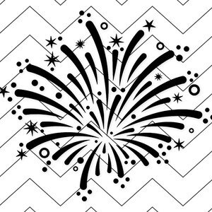 May include: Black and white graphic of a firework explosion with star and dot accents. The firework design is centered on a white background with a black zigzag pattern.