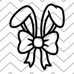 May include: Black and white line art of Easter bunny ears and a bow. The bunny ears are upright and curved, with a rounded bow at the base. The background is a white and black chevron pattern.