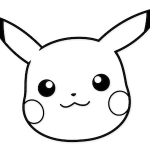 Könnte beinhalten: Eine Schwarz-Weiß-Strichzeichnung von Pikachus Gesicht. Das Bild zeigt große schwarze Augen, rosige Wangen und spitze Ohren mit schwarzen Spitzen. Der Umriss ist dick und fett, wodurch ein einfaches, aber erkennbares Design entsteht.