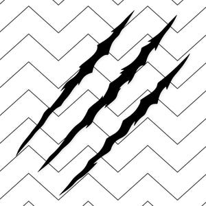 Könnte beinhalten: Schwarze Krallenspuren auf einem weiß-schwarzen Zickzackmuster. Die Krallenspuren sind gezackt und erwecken den Eindruck, den Hintergrund zu zerreißen. Das Design ist einfach und grafisch.