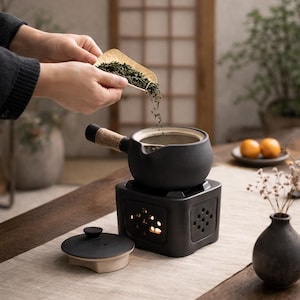 Könnte beinhalten: Ein schwarzes Keramik-Teeservice mit einer kleinen Teekanne, einem Heizständer und einem Deckel. Die Teekanne hat einen griff mit Seil umwickelt. Grüne Teeblätter werden mit einem Holzschöpfer in die Teekanne gegossen.