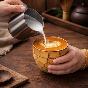 Könnte beinhalten: Ein Barista gießt aufgeschäumte Milch aus einem Edelstahlkrug in eine Kaffeetasse und erzeugt ein herzförmiges Design im Schaum. Die Kaffeetasse hat ein einzigartiges, strukturiertes, geometrisches Muster. Die Szene spielt auf einer Holzoberfläche.